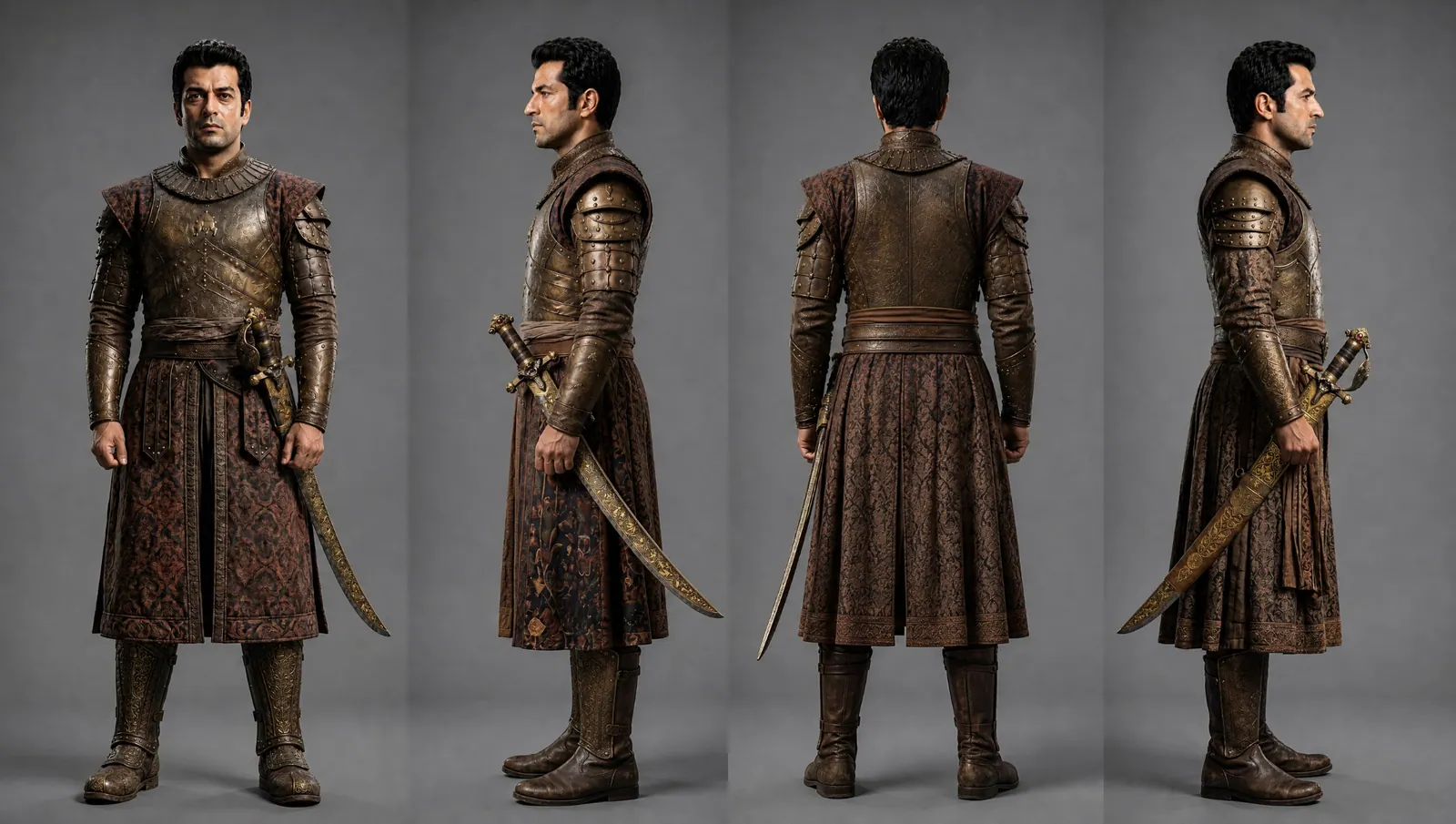 One Cast member rendered from four angles with identical identity — a VisionX character sheet