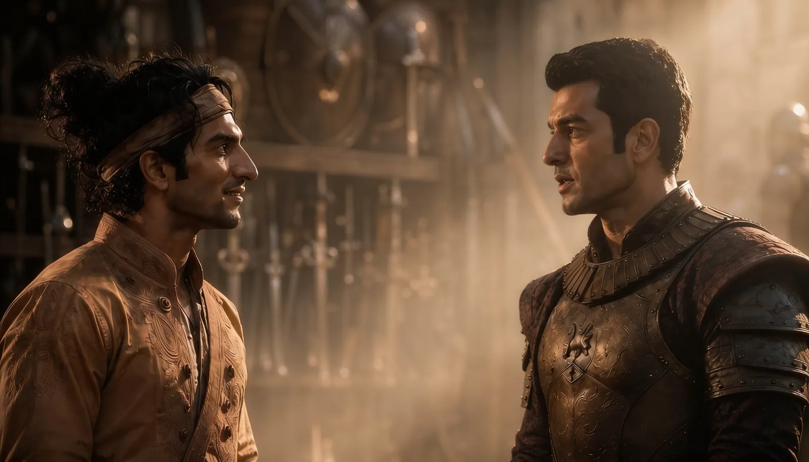 Two Cast characters in one frame — a dialogue scene the Audio Studio voices in a single pass