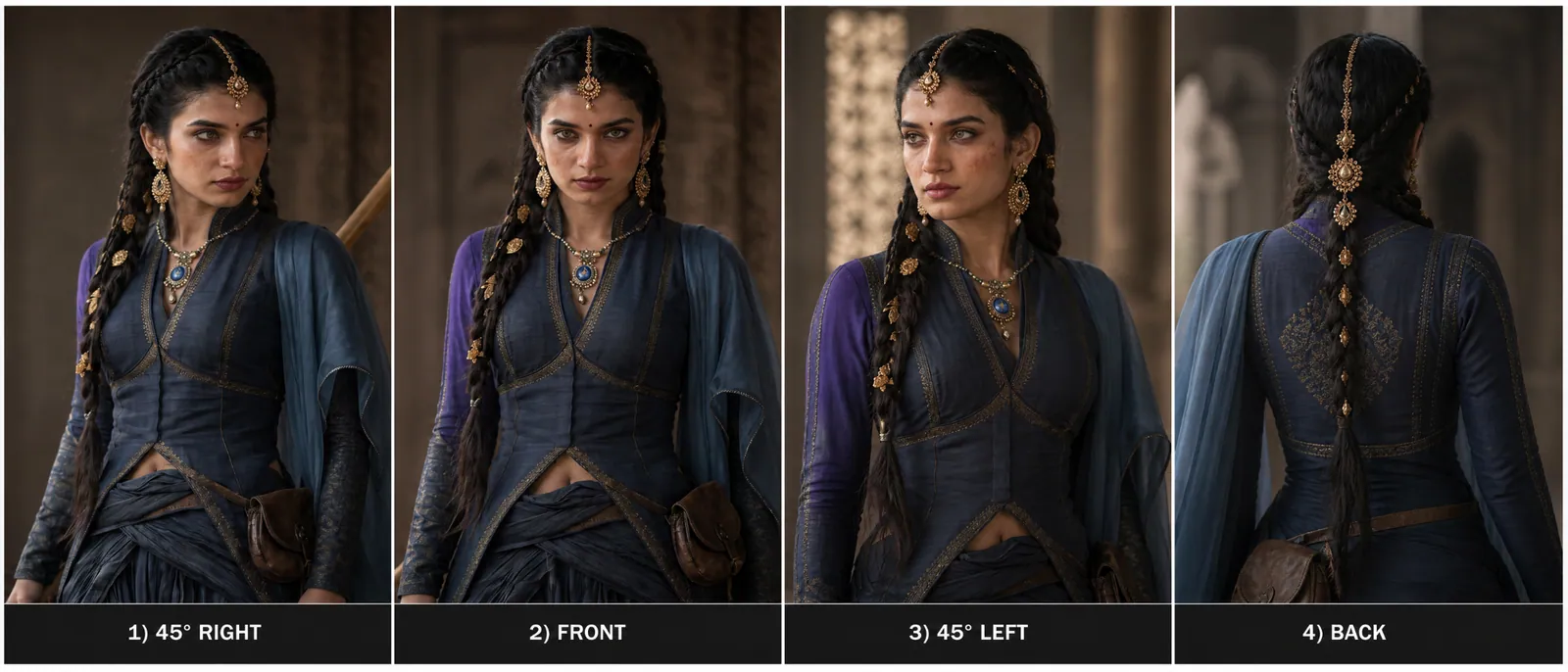 Multi-angle character sheet generated on VisionX — the same Cast identity holds across every panel